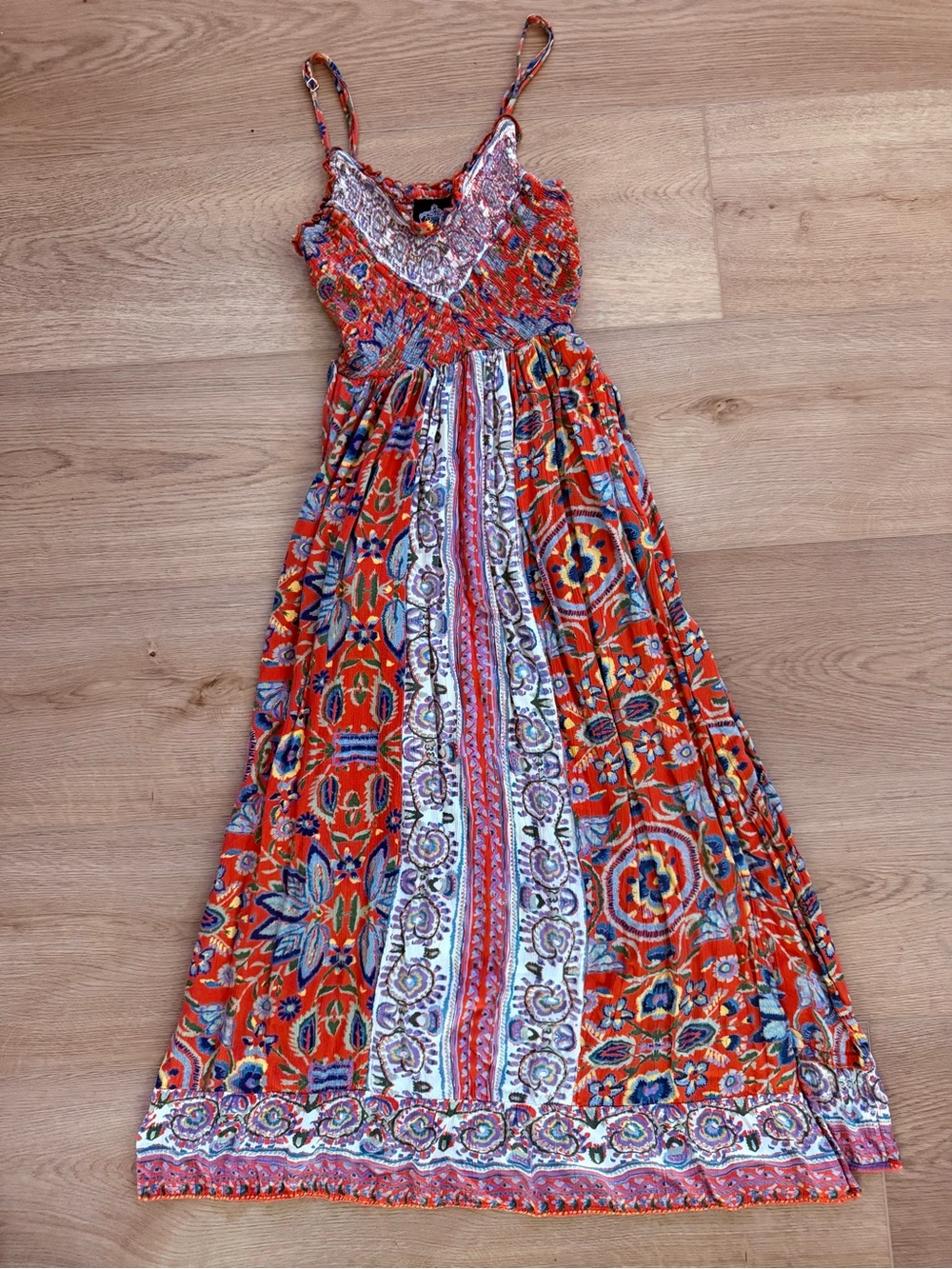 Angie Boho Smocked Maxi Dress Coral Floral Paisley Rayon Festival S